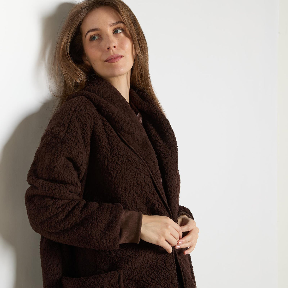 OHS Waterfall Cardigan Warm Teddy Fleece Open Front Wrap Loungewear Outwear