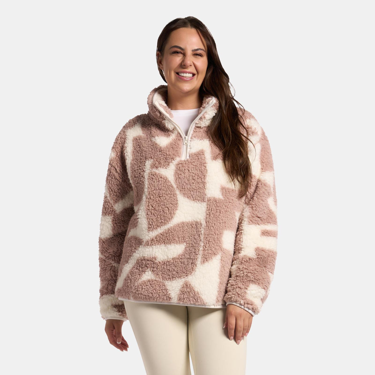 OHS Half Zip Hoodie Geometric Print Teddy Fleece Jumper Pullover Sweatshirt