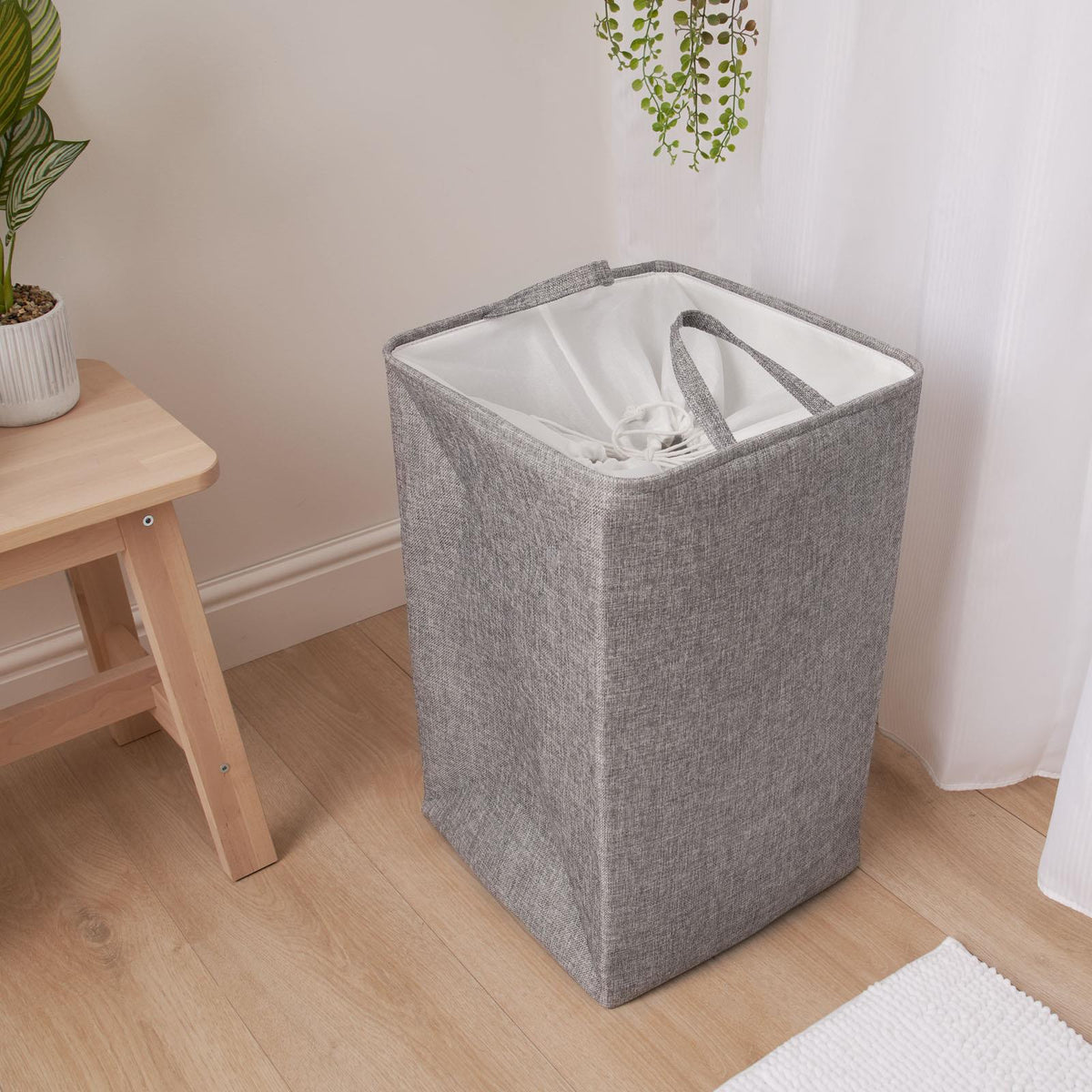 Laundry Basket Bag Foldable Drawstring Clothes Bin Organiser Faux Linen Handles