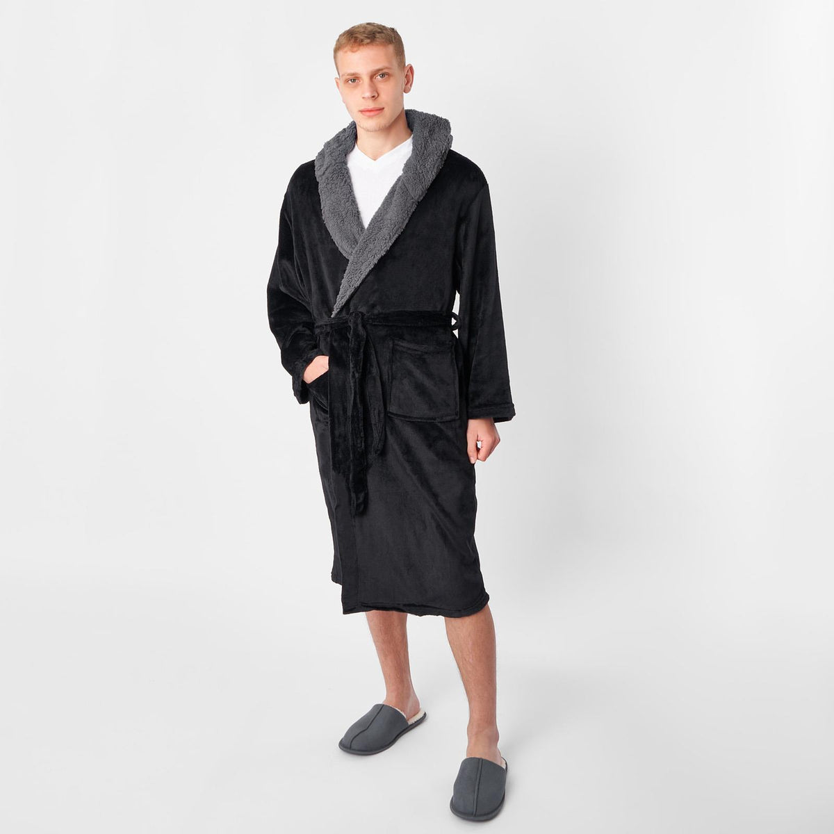 OHS Mens Dressing Gown Long Hooded Soft Flannel Fleece Sherpa Bathrobe Lounge