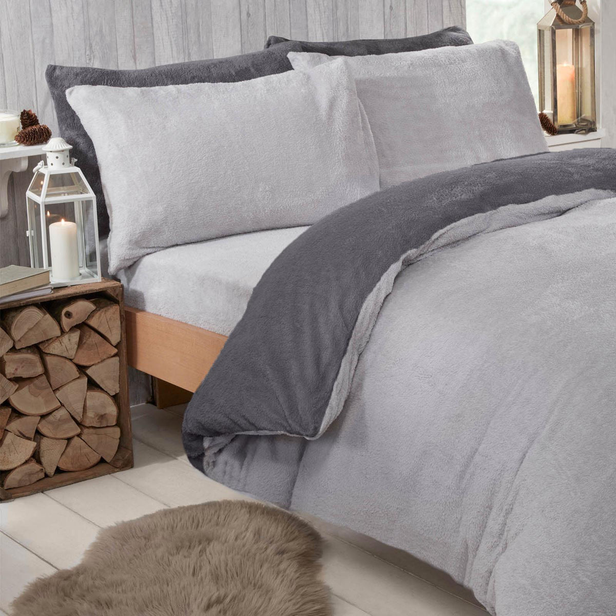OHS Reversible Teddy Fleece Duvet Cover with Pillowcase Bedding Set Grey