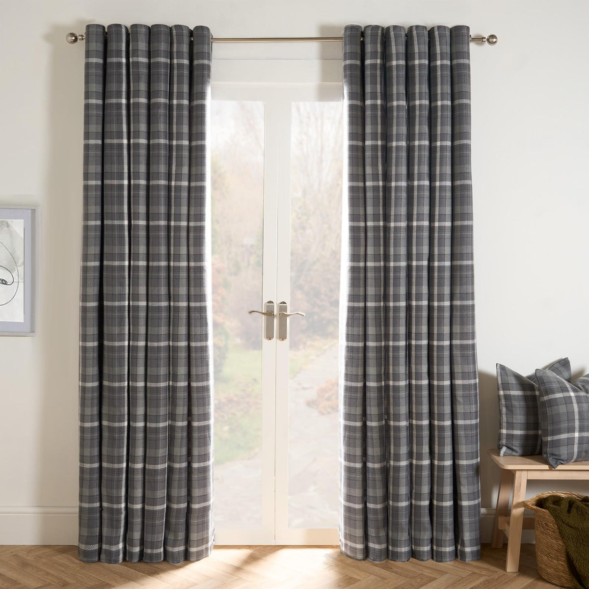 OHS Check Eyelet Curtains Pair Thermal Ring Top Textured Woven Ready Made
