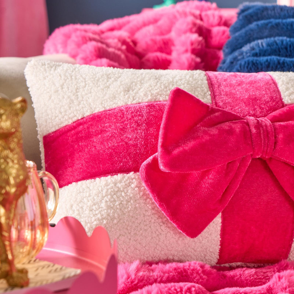 OHS Bow Wrapped Cushion Boucle Gift Decorative Novelty Filled Scatter Pillow