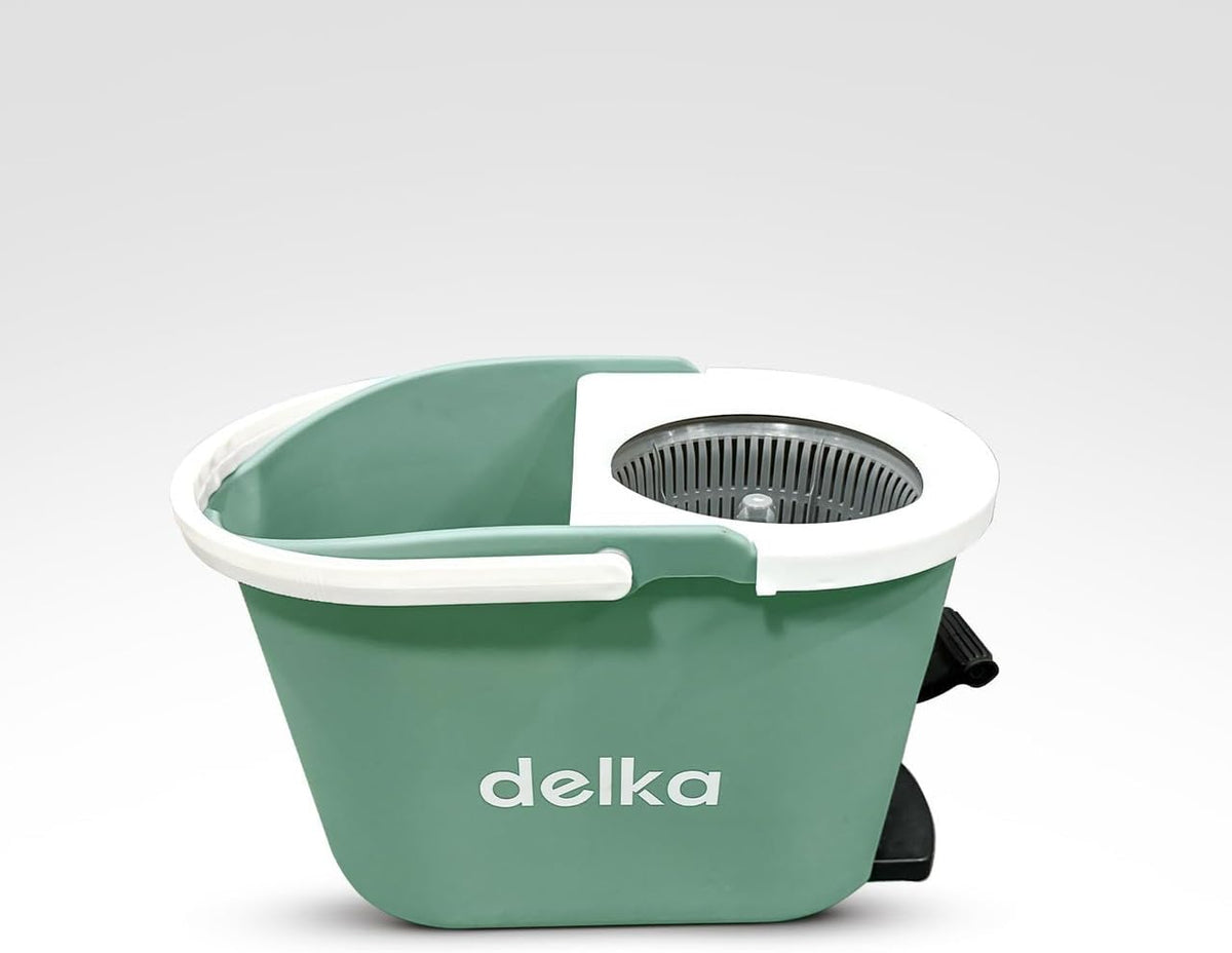 delka Spin Mop and Bucket Set – Easy Foot Pedal Water Removal, 360° Swivel Motion, Includes 2 Microfibre Mop Heads, All-Surface Cleaning, Splash Guard for Clean Mopping (Spin Mop Grey and White)