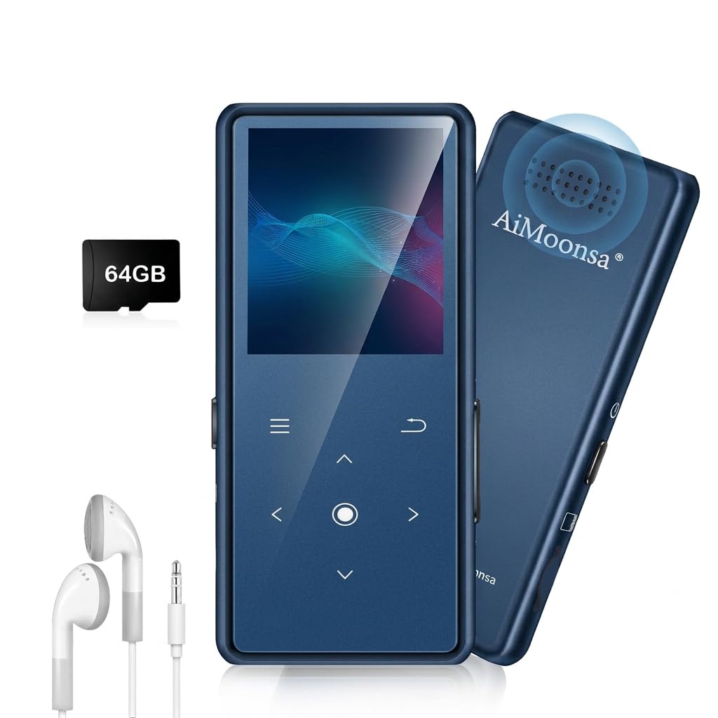 64GB MP3 Player with Bluetooth 5.2, AiMoonsa Music Player with Built-in HD Speaker, FM Radio, Voice Recorder, HiFi Sound, E-Book Function, Earphones Included