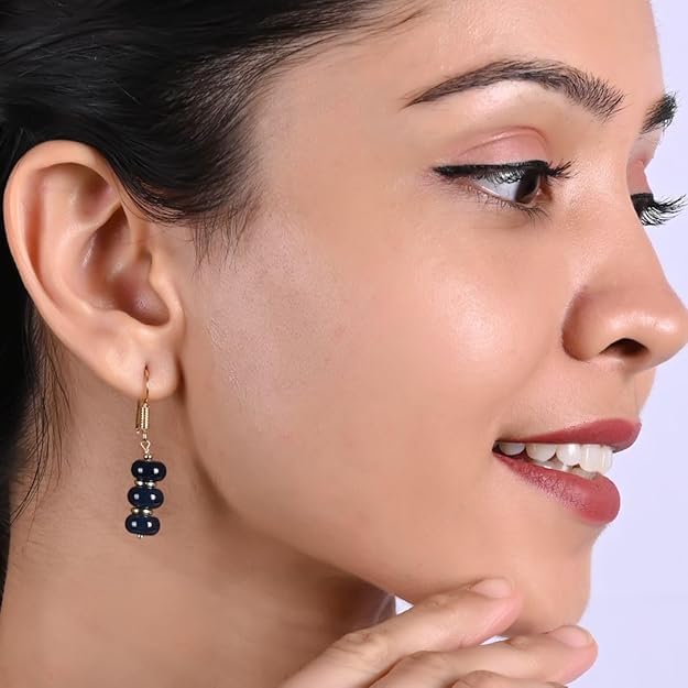 Gempires Natural Gemstone Rondelle Bead Earrings for Women | 8mm Beaded Drop Dangle Earrings | Gold Plated Hypoallergenic Hook Jewelry | Handmade Lightweight Crystal Earrings