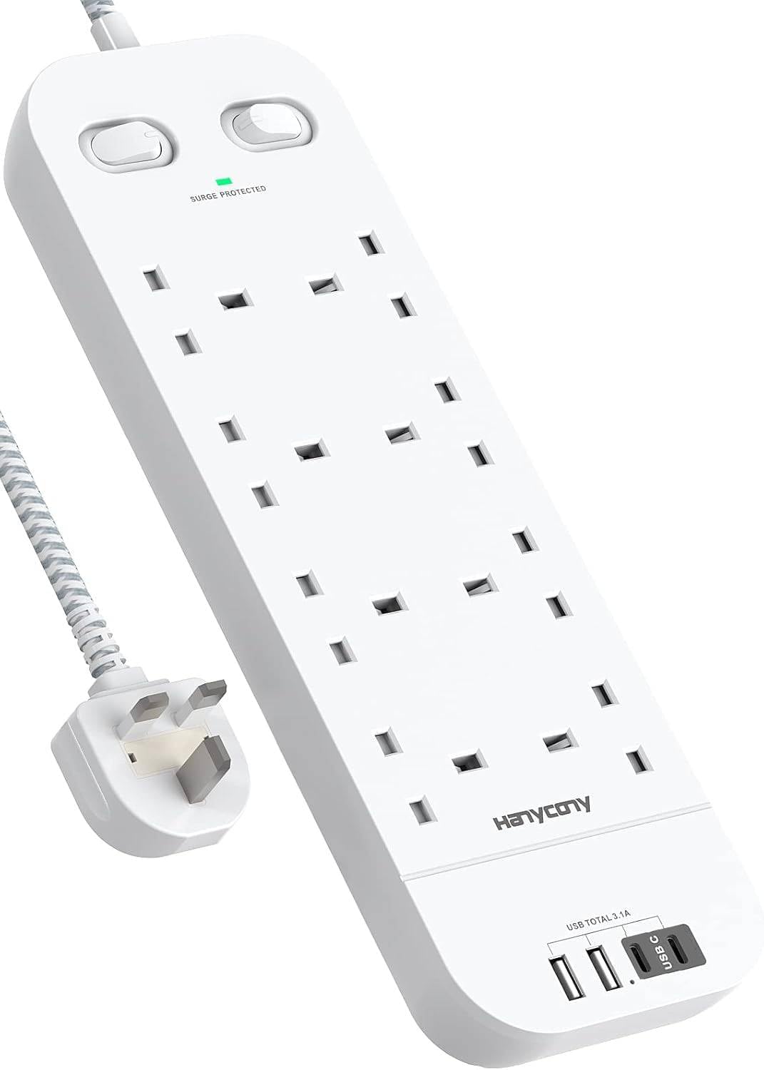 Extension Lead with 2 USB C Slots, 8 Way Power Strip Surge Protector