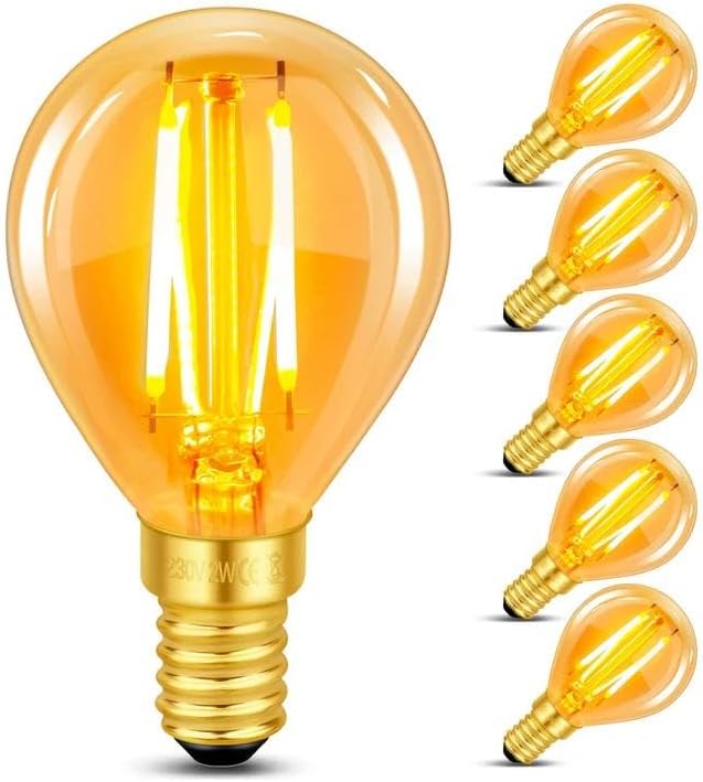 Vintage Light Bulb E14 Edison Screw Bulb, 4W LED Filament Equivalent 40 Watt, Antique Style Retro Amber Glass 2200K Warm White, 400LM, AC 220V, Non-dimmable, Mini G45 Golf Ball Bulbs, 6 Packs