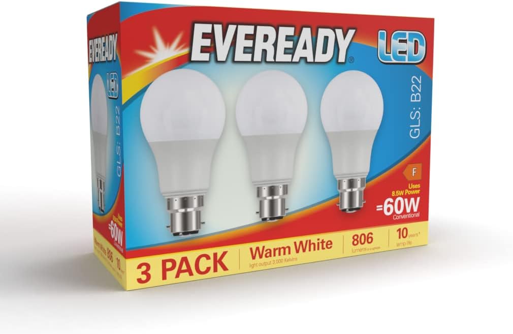 Eveready Bayonet Light Bulb 60w, B22 LED Bulbs Warm White 2700K, LED BC Energy Saver Bulb, 806 Lumen, Non-Dimmable, 3-Pack