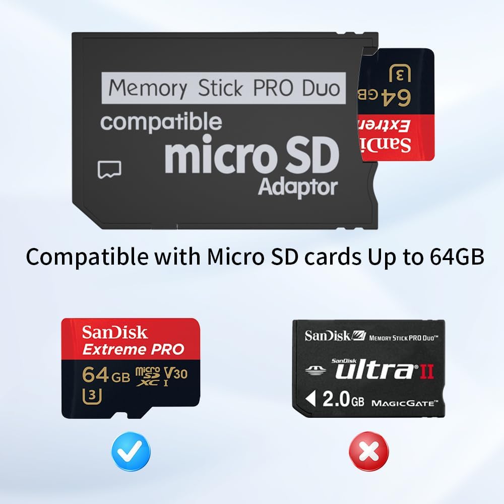 PSP Memory Stick Adapter: Micro SD to PSP Memory Stick PRO Duo MagicGate Card for Playstation Portable, Camera, Handycam