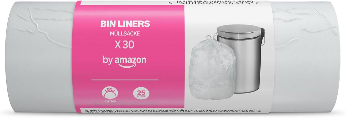 by Amazon Bin Liners with Carry Handles, 25 Litre, Transparent, 30 Count
