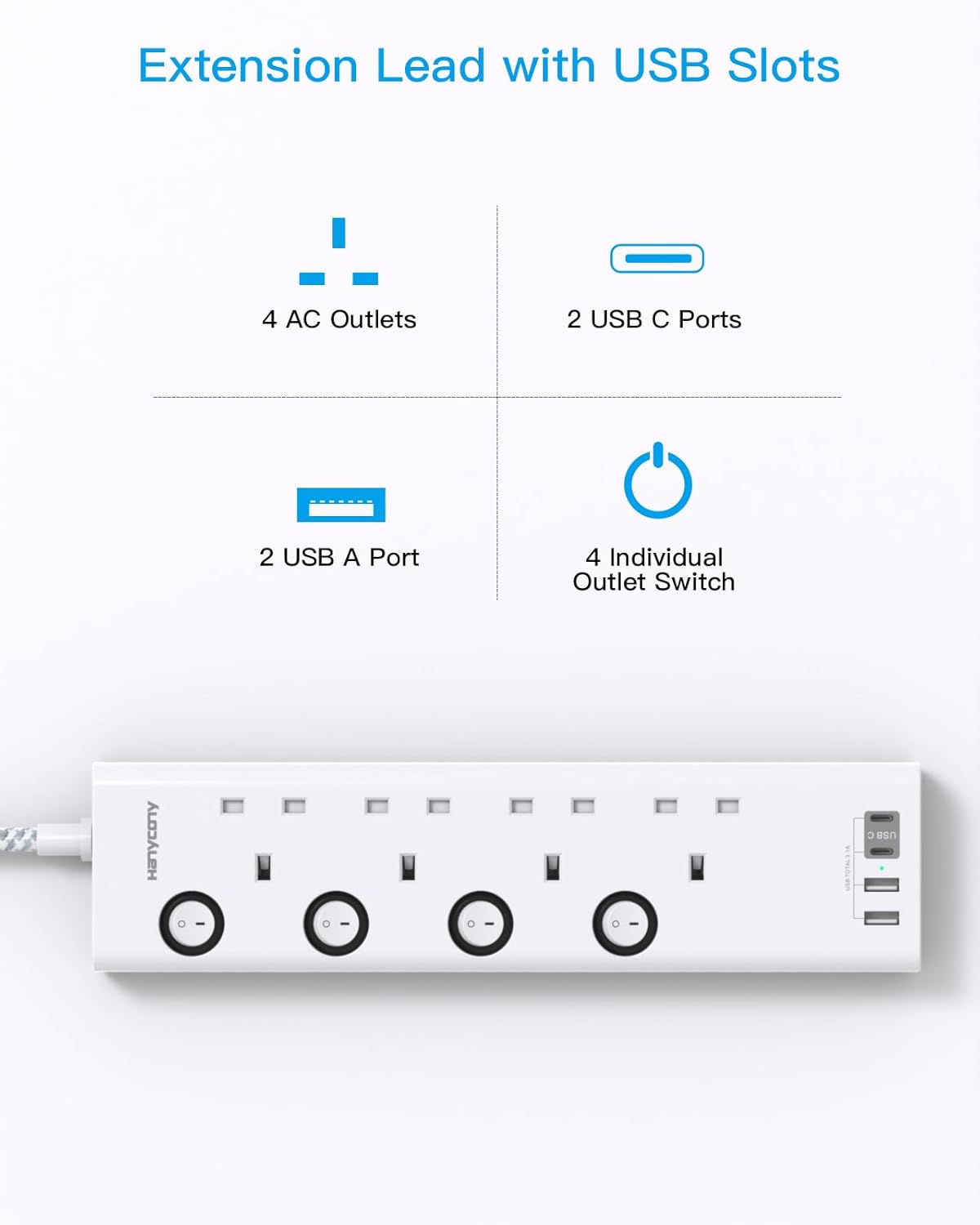 Extension Lead with USB Slots(2 USB C), 4 Way Plug Extension Socket, 1.8M