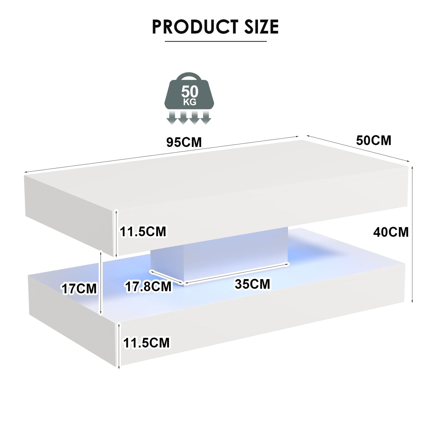 COSVALVE White Marble Coffee Table for Living Room with 24 Colors LED Light, 2 Tier High Gloss Modern Centre Table Rectangle Tea Table for Home, Office Furniture