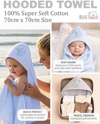 Soft Touch Newborn Essentials 100% Cotton Embroidered Hooded Baby Towel 70 x 70cm for Baby Boys and Girls 0-24 Months (2-Packs)