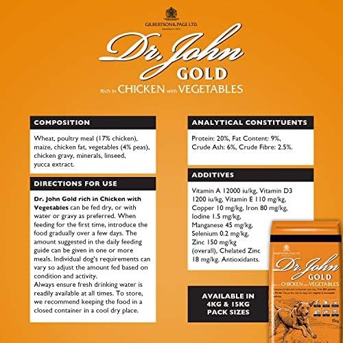 Dr John Gold Dry Dog Food 15kg - Chicken & Vegetables Complete Dog Food - High Energy Adult & Senior Dog Food for Active & Working Dogs - Balanced Daily Nutrition