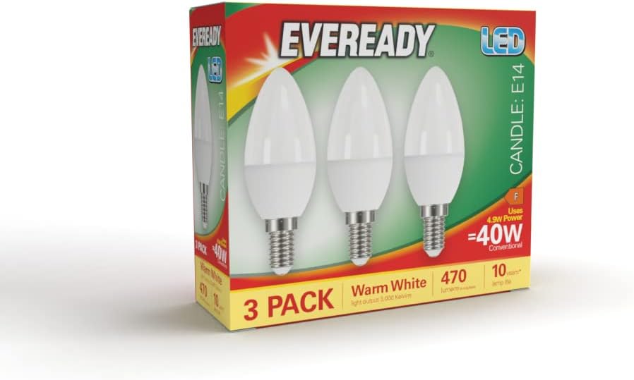 Eveready E14 LED Light Bulb, Warm White 3000K, 40W Equivalent, 470 Lumen LED Candle Bulb, SES Small Edison Screw Light Bulbs, Non-Dimmable, Pack of 3