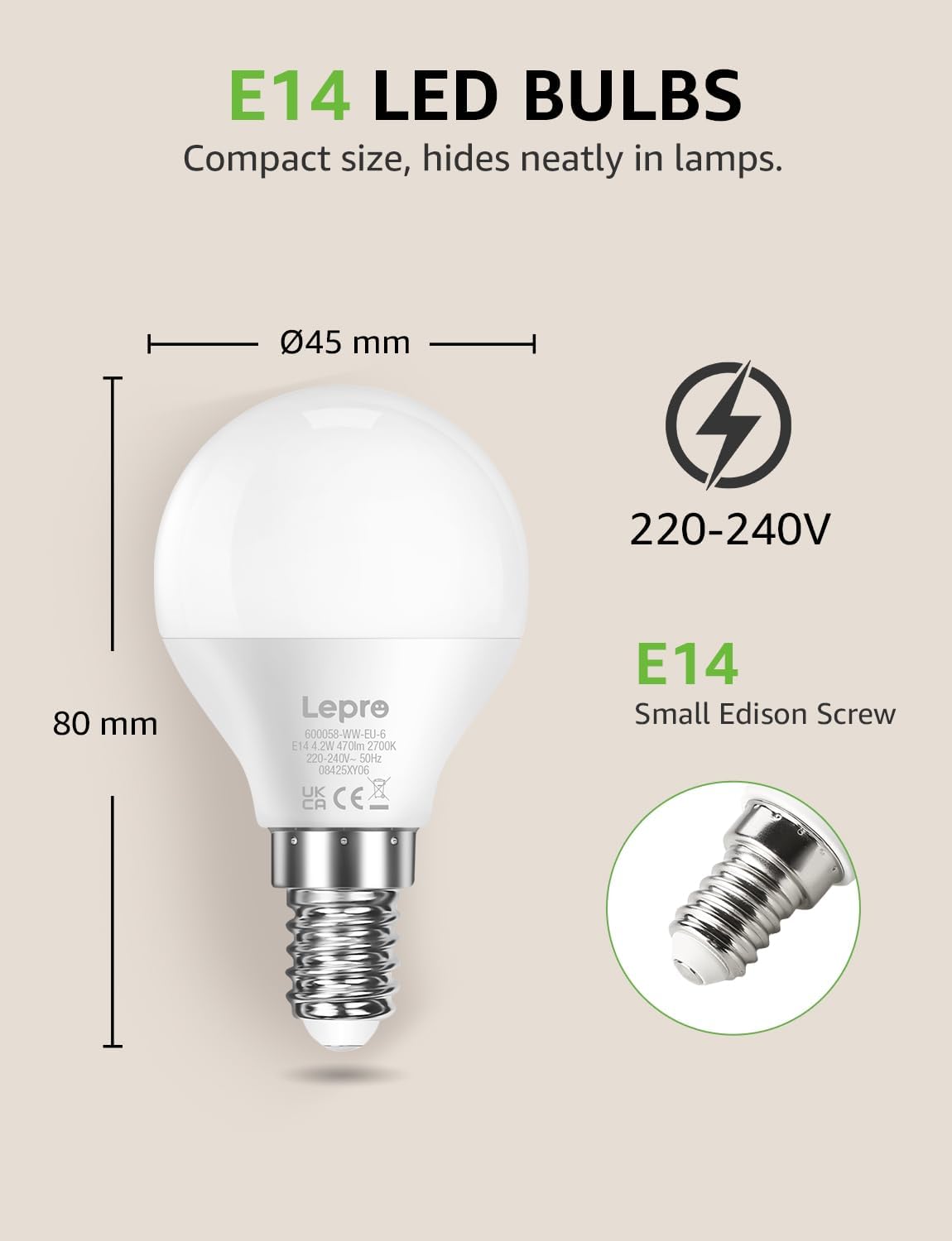Lepro P45 E14 LED Light Bulb, Warm White 2700K, 4.2W=40W, 470LM, Pack of 6