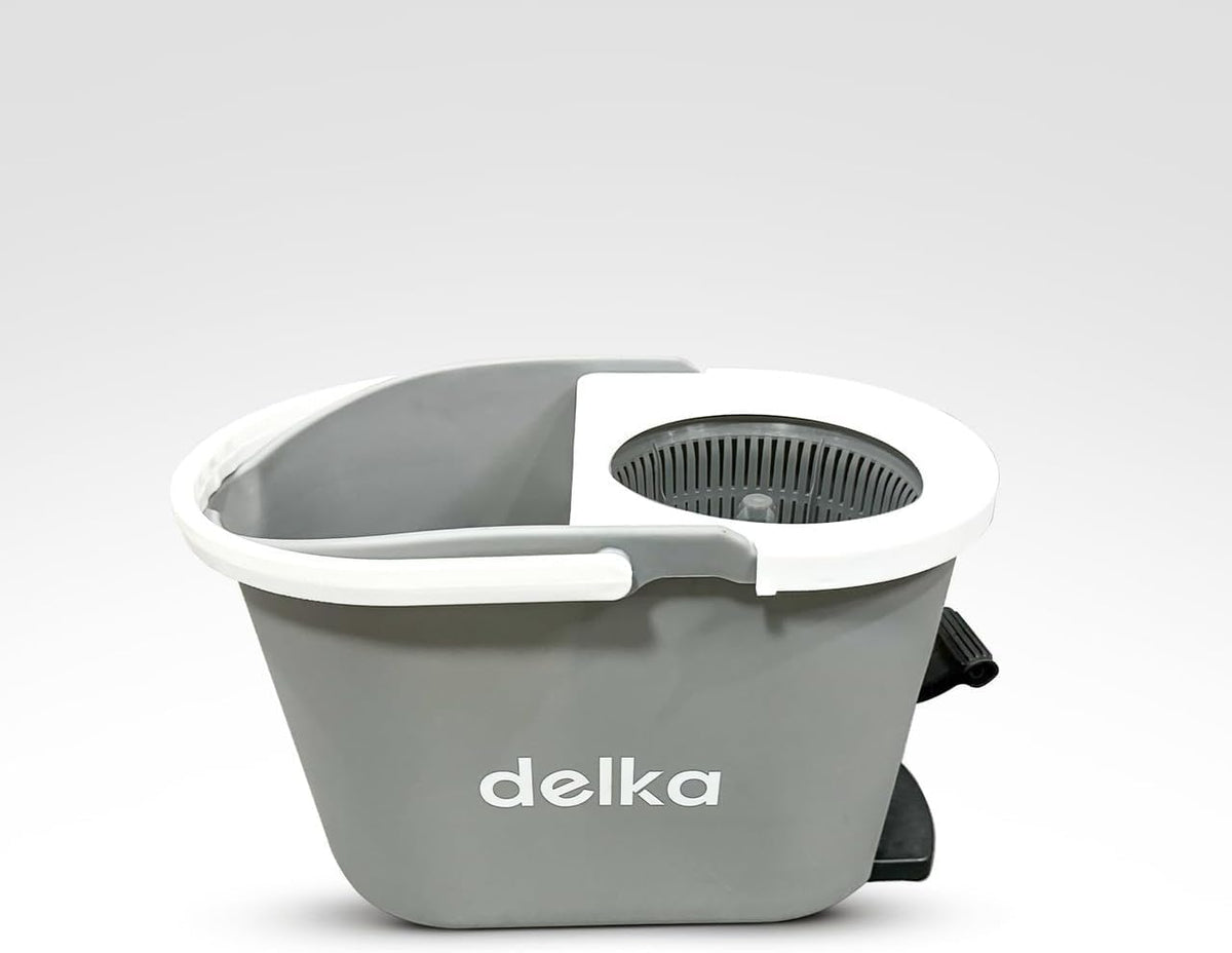delka Spin Mop and Bucket Set – Easy Foot Pedal Water Removal, 360° Swivel Motion, Includes 2 Microfibre Mop Heads, All-Surface Cleaning, Splash Guard for Clean Mopping (Spin Mop Grey and White)