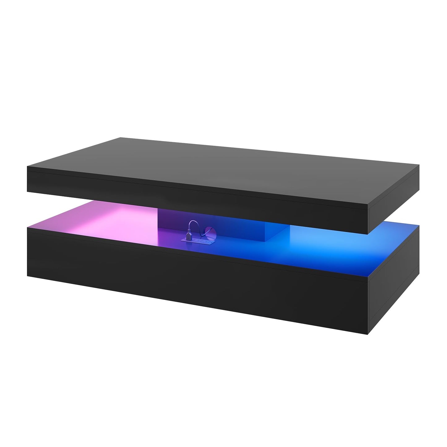 Modern Coffee Table with LED Lights, 2 Drawer Storage, Wooden Coffee Table with Charging Station, USB Ports & Power Outlet, Rectangle Coffee End Table for Home, Office & Living Room - Black