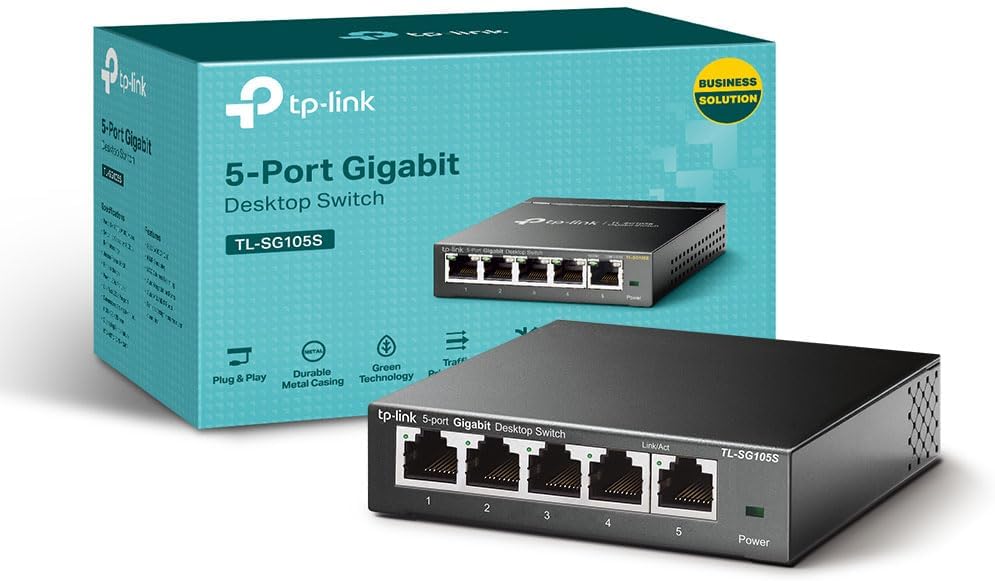 TP-Link TL-SG105S, 5 Port Gigabit Ethernet Network Switch, Ethernet Splitter, Hub, Desktop and Wall-Mounting, Sturdy Metal, Fanless, Plug and Play, Energy-Saving