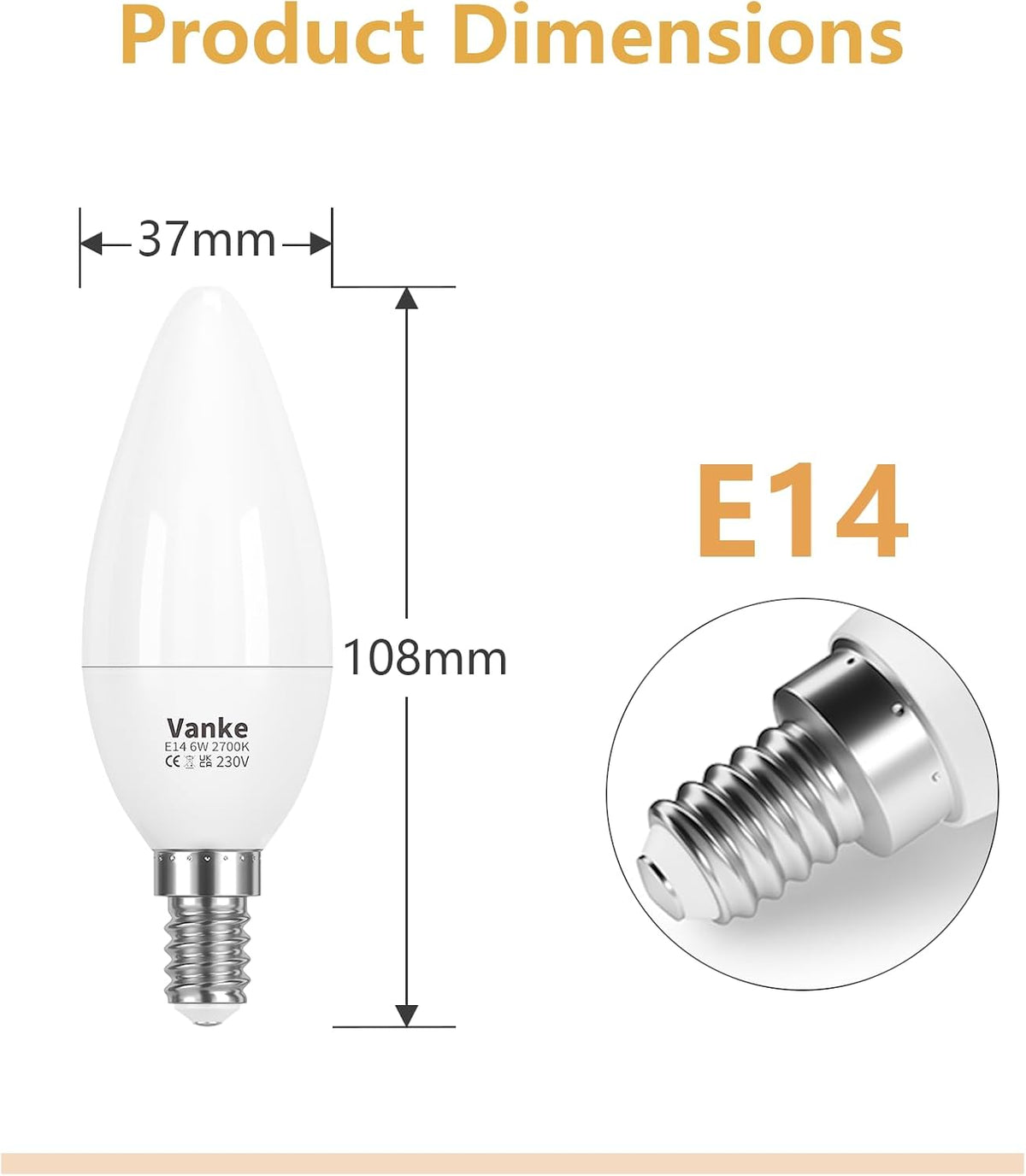 Vanke E14 LED Light Bulb, Warm White 2700K, 6W(40W Equivalent), Pack of 3
