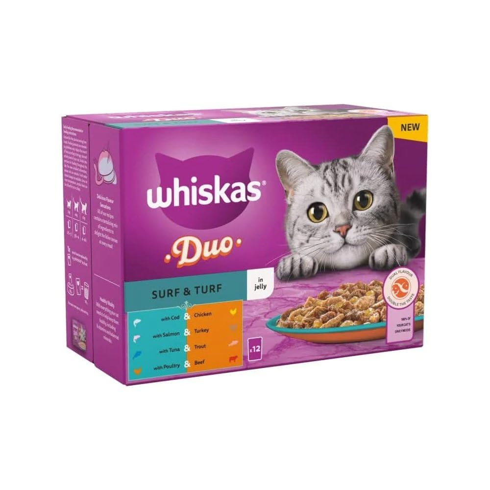 WHISKAS DUO Adult Wet Cat Food in Jelly 12x85g Surf & Turf (Pack of 4)