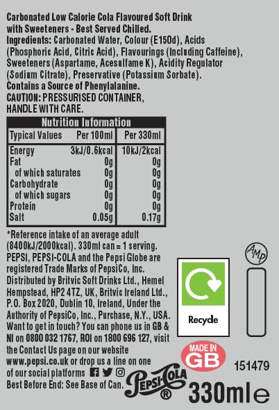 Pepsi Diet Cola | 330ml Can | 24 Pack
