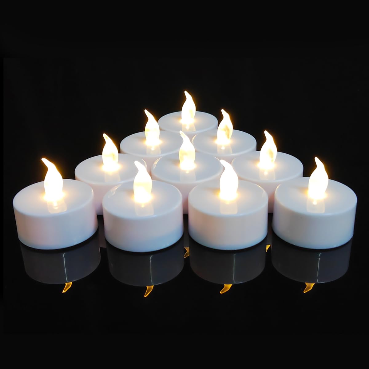 Jialine12 Pack Realistic and Bright Flickering Battery Operated Flameless LED Tea Lights Candles, 200+ tealights Electric Fake Candles for Halloween Weddings Festivals Decoration in Warm Yellow