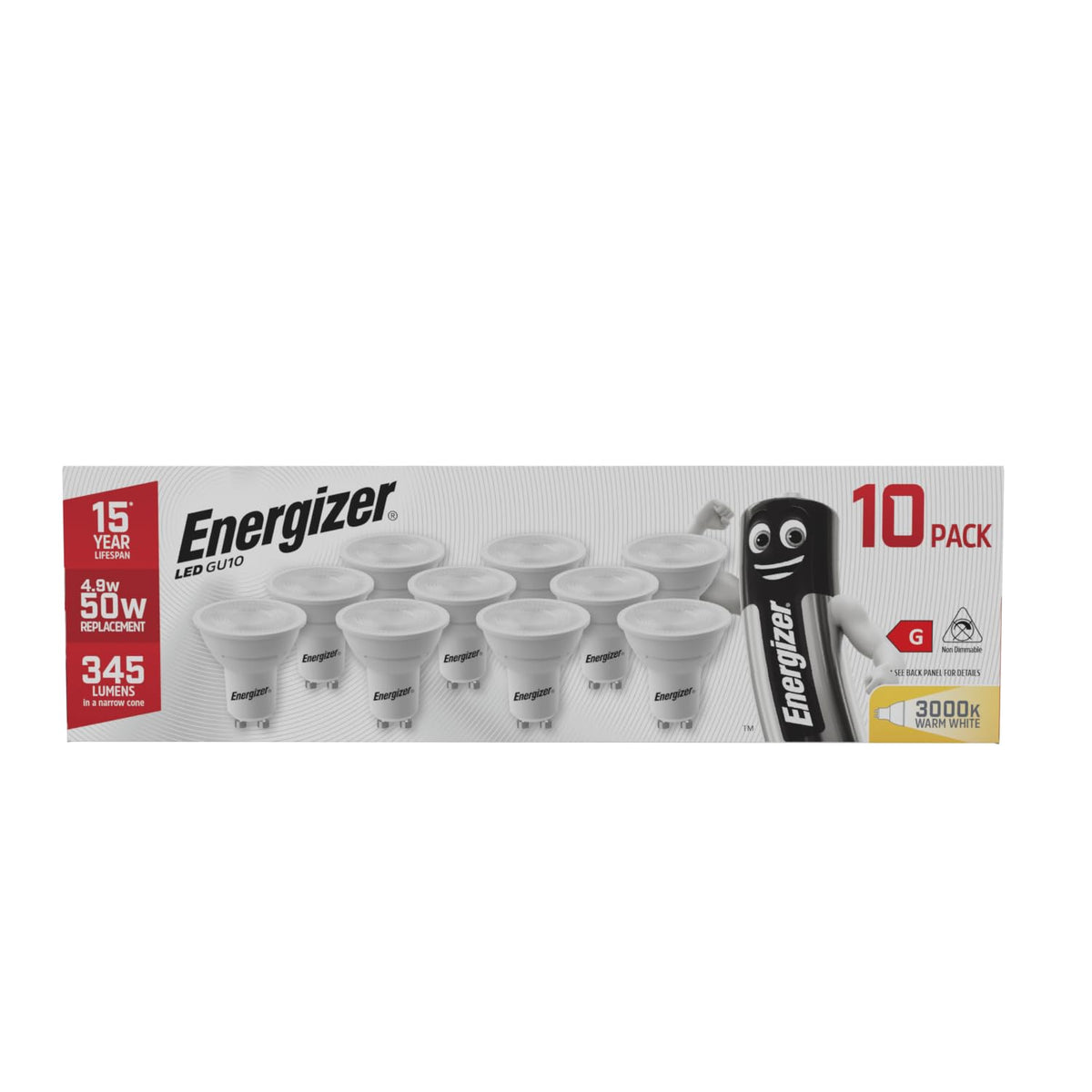 Energizer GU10 LED Bulbs Daylight White - 6500K 50W Halogen Spotlight Equivalent – 345LM - Non Dimmable. Pack of 5