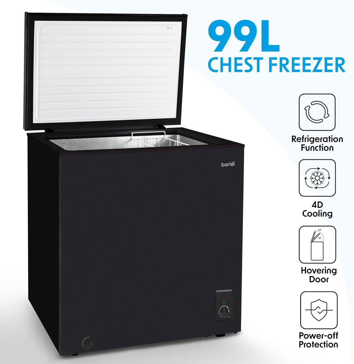 Baridi 299L Freestanding Chest Freezer with Adjustable Thermostat, Black - DH261