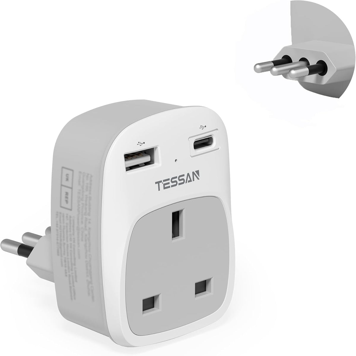 TESSAN UK to Italy Plug Adapter, Grounded Type L Travel Adaptor with USB C