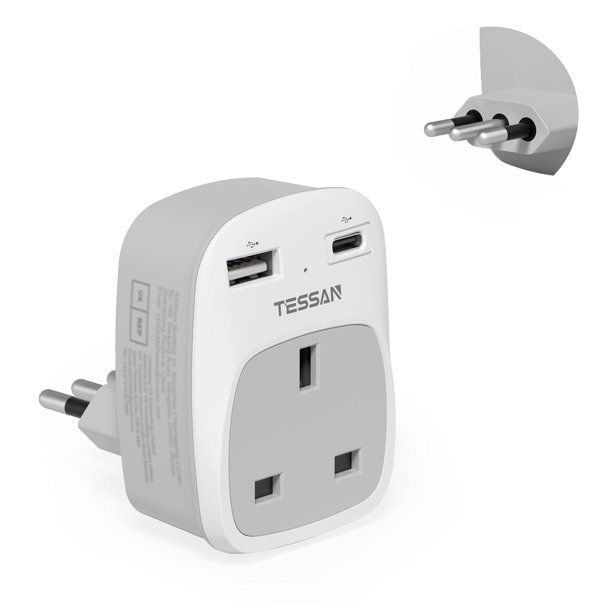 TESSAN UK to Italy Plug Adapter, Grounded Type L Travel Adaptor with USB C