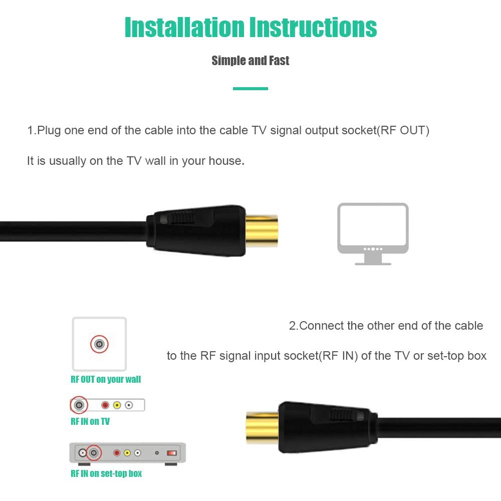 Ancable TV Aerial Cable with Coaxial Adapter 1M Black TV Ariel Lead