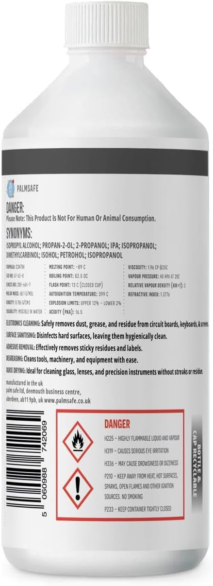 Isopropanol Alcohol IPA 99.99% 500ml Disinfectant for Household, Hospitals Office - Electronics, Stains, Grease, Glue and Paint Cleaner Easy Pour