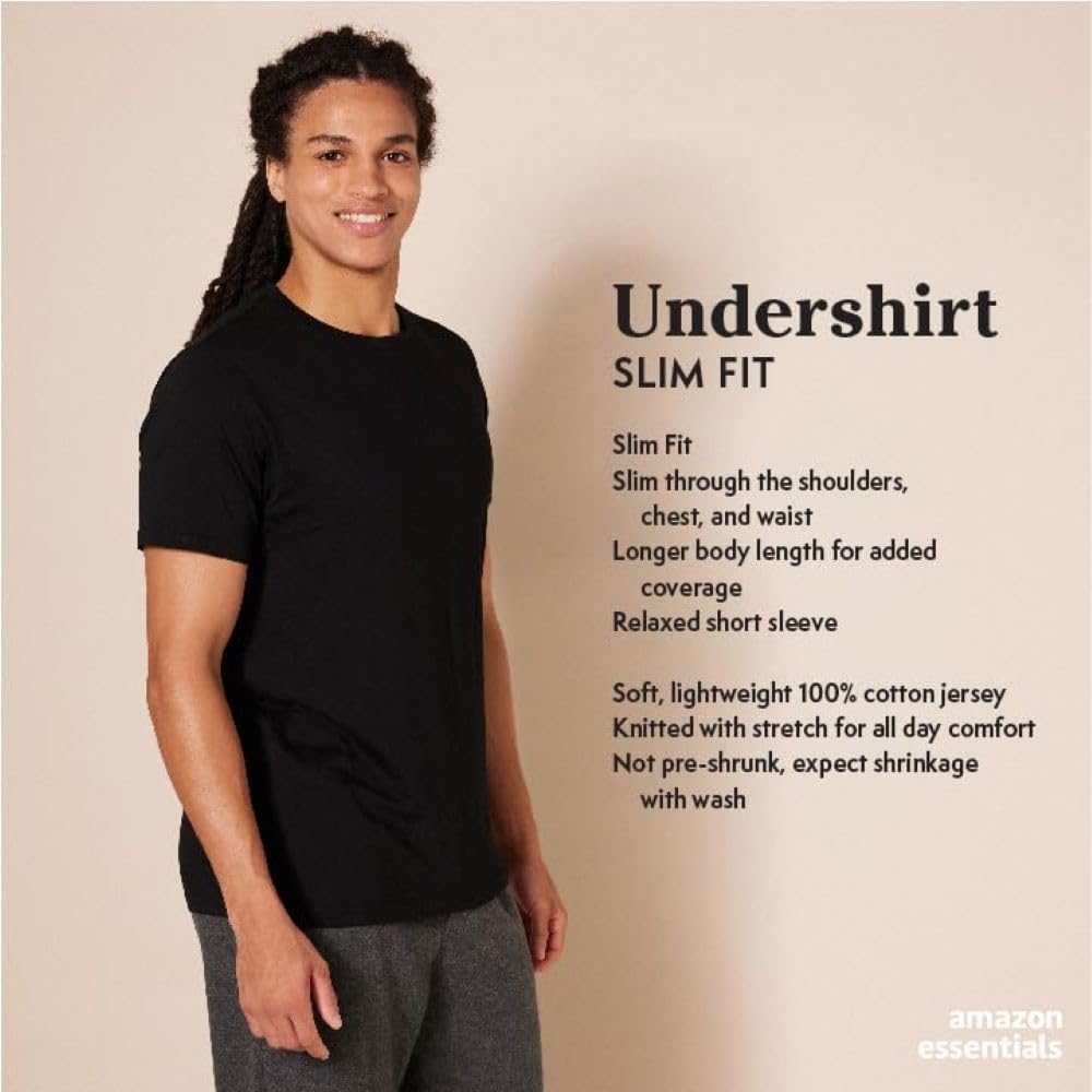 Amazon Essentials Men's Vests - Slim-Fit Cotton Crew Neck, Short and Long Sleeve T Shirt, Pack of 6, Undershirt and Vests for Men