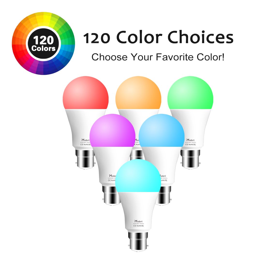 Mobri B22 LED Colour Changing Light Bulbs with Remote Control, 75 Watt Equivalent Bayonet Dimmable Colour Bulbs with Timing, Memory & Sync, 120 Multi RGB Colours + Daylight White,2 Pack
