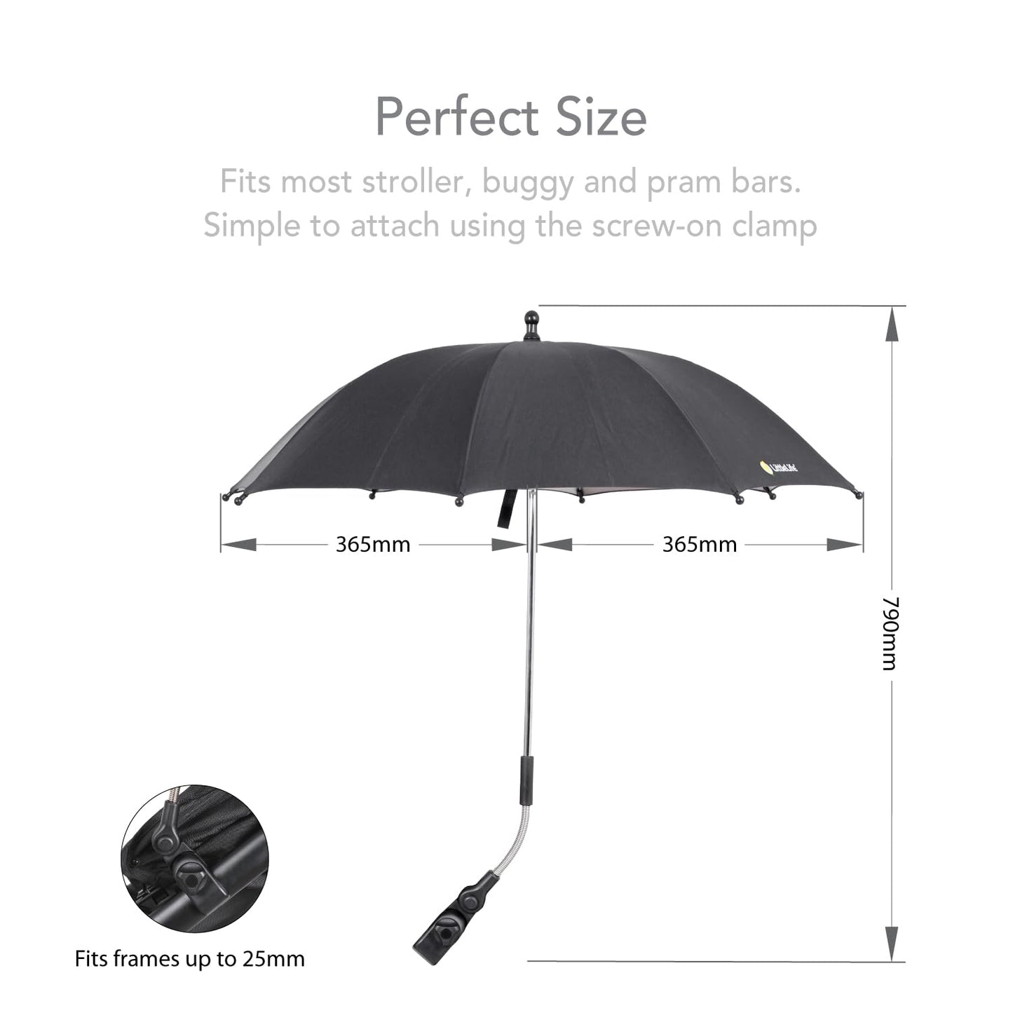 LittleLife Baby Sun Parasol UPF50+ | Universal Pushchair & Buggy Umbrella, Adjustable 360° Shade for Safe Summer Walks, Black