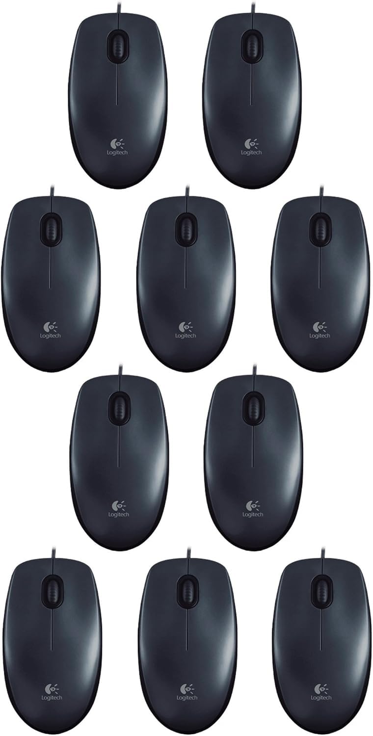 Logitech B100 Wired Mouse, USB Port, 800 DPI Optical Sensor, 3 Buttons, for Left and Right Handers, PC/Mac - Black (Optical Business Mouse | Pack of 5)