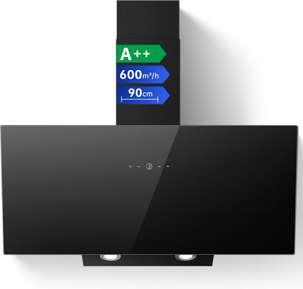 TopStrong Cooker Hood 90cm, 600 m³/h Extractor Fan kitchen, Wall-Mounted Extractor Hood, A++ Energy Efficiency, Touch Control, 58 dB, Recirculating & Ducting System, Black