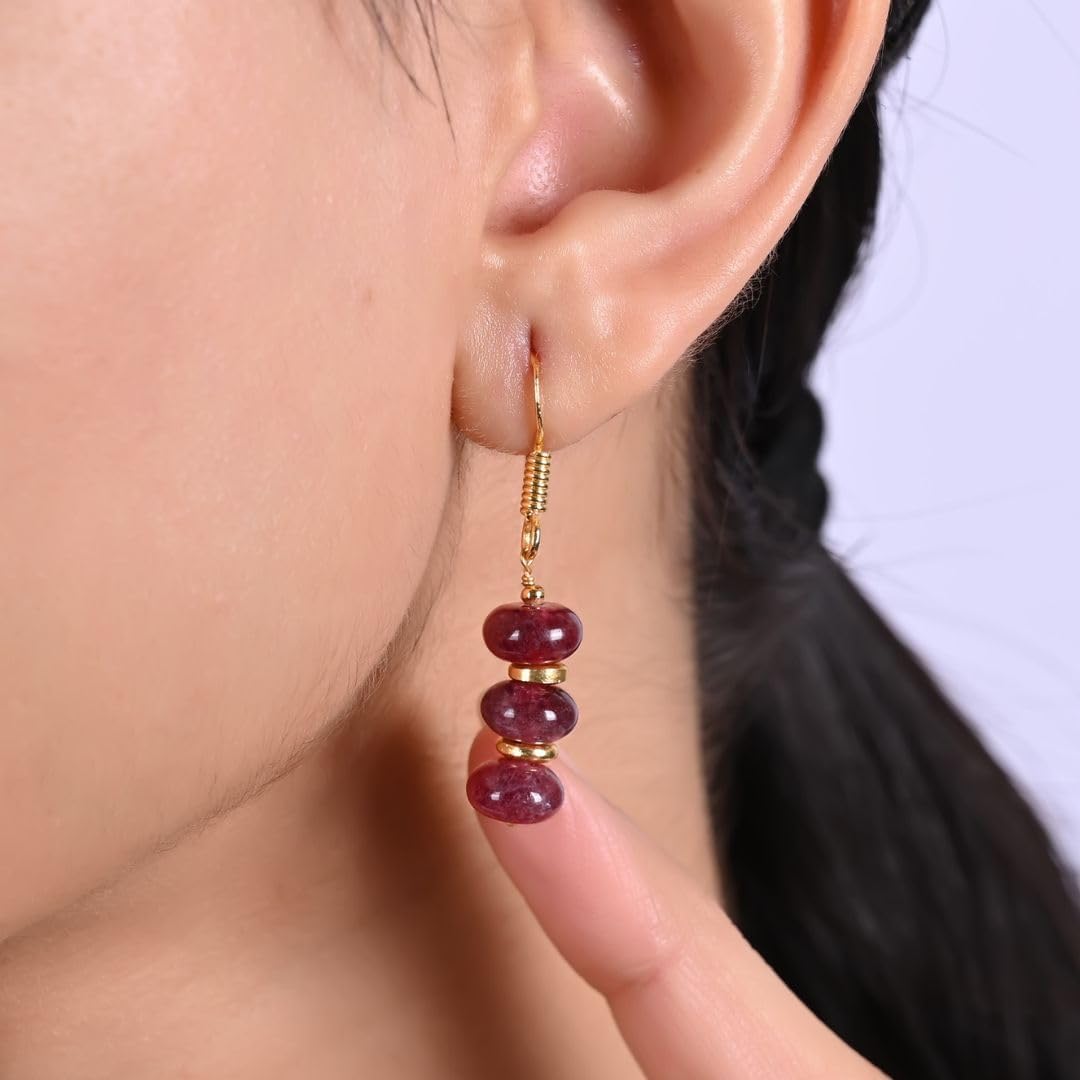 Gempires Natural Gemstone Rondelle Bead Earrings for Women | 8mm Beaded Drop Dangle Earrings | Gold Plated Hypoallergenic Hook Jewelry | Handmade Lightweight Crystal Earrings