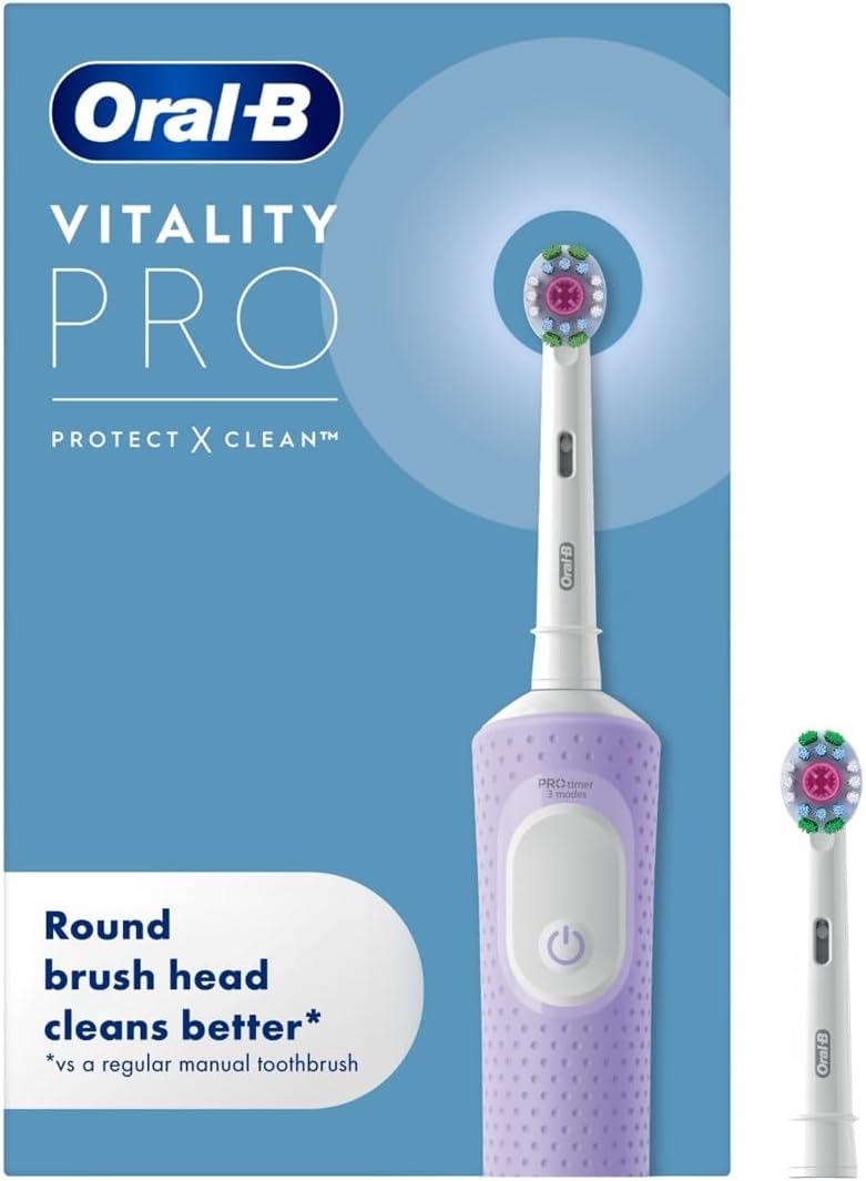 Oral-B Vitality Pro Electric Toothbrushes Adults, 1 Handle, 2 Oral B Electric Toothbrush Heads, 3 Brushing Modes Including Sensitive Plus, Rechargeable, 2 Pin UK Plug, Purple
