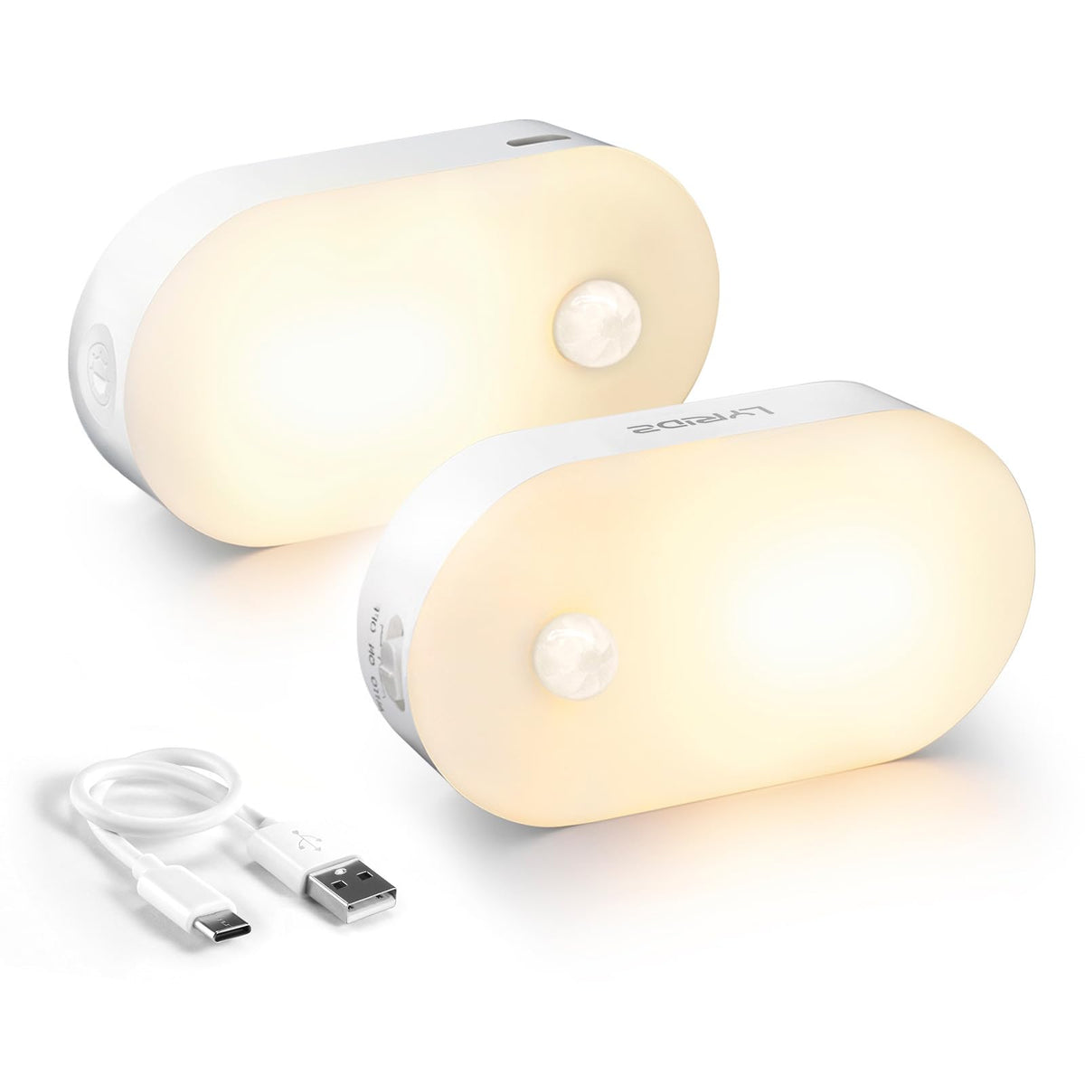 Lyridz Motion Sensor Night Light, Mini USB Rechargeable LED Night Light Kids, Stick on Anywhere Warm White Dimming Lighting for Corridor,Staircase,Bedroom,Children's Room,2 Pack