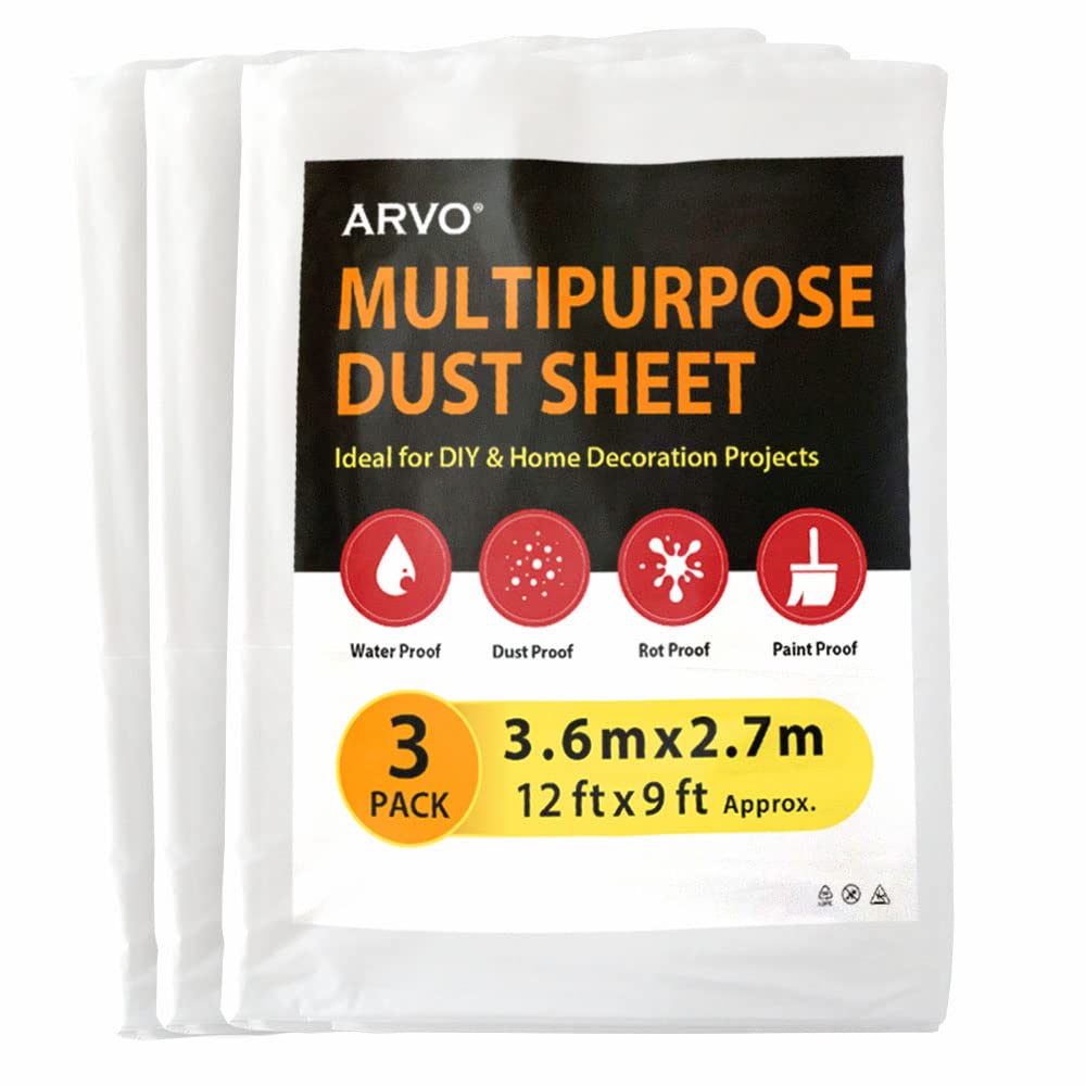 ARVO 6 Pack Extra Large Plastic Dust Sheets for Decorating - 3.6m x 2.75m (12ft x 9ft), Waterproof Polythene for Painting, Furniture, Floor Protection, Ideal with Paint Coveralls