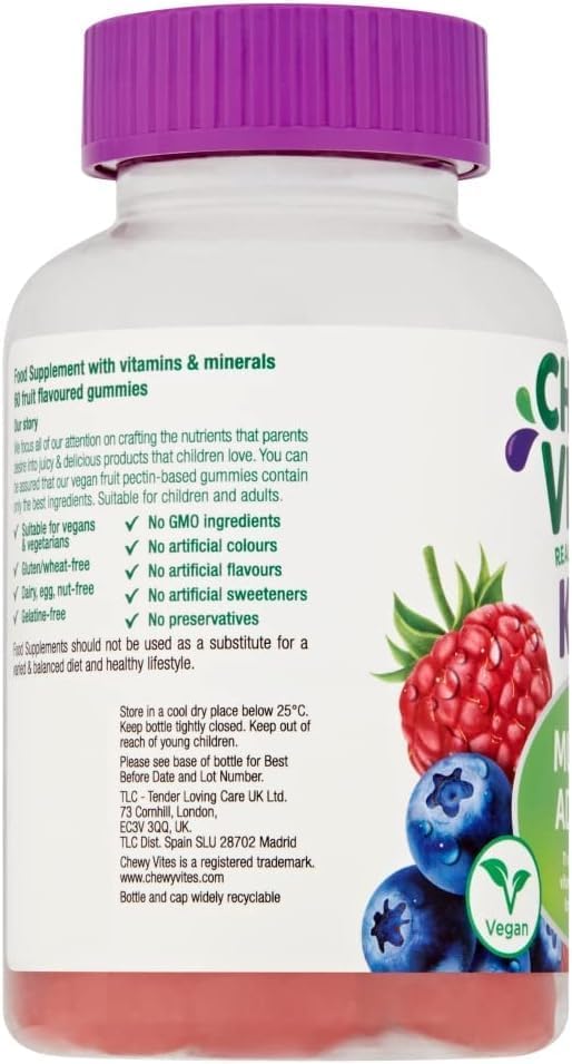 Chewy Vites Kids Multivitamin Advance, 60 Kids Vitamins Gummies, 11 Essential Nutrients, 2 Months Supply, Real Fruit Juice, Vegan, Age 3 +, Blueberry and Raspberry Flavour