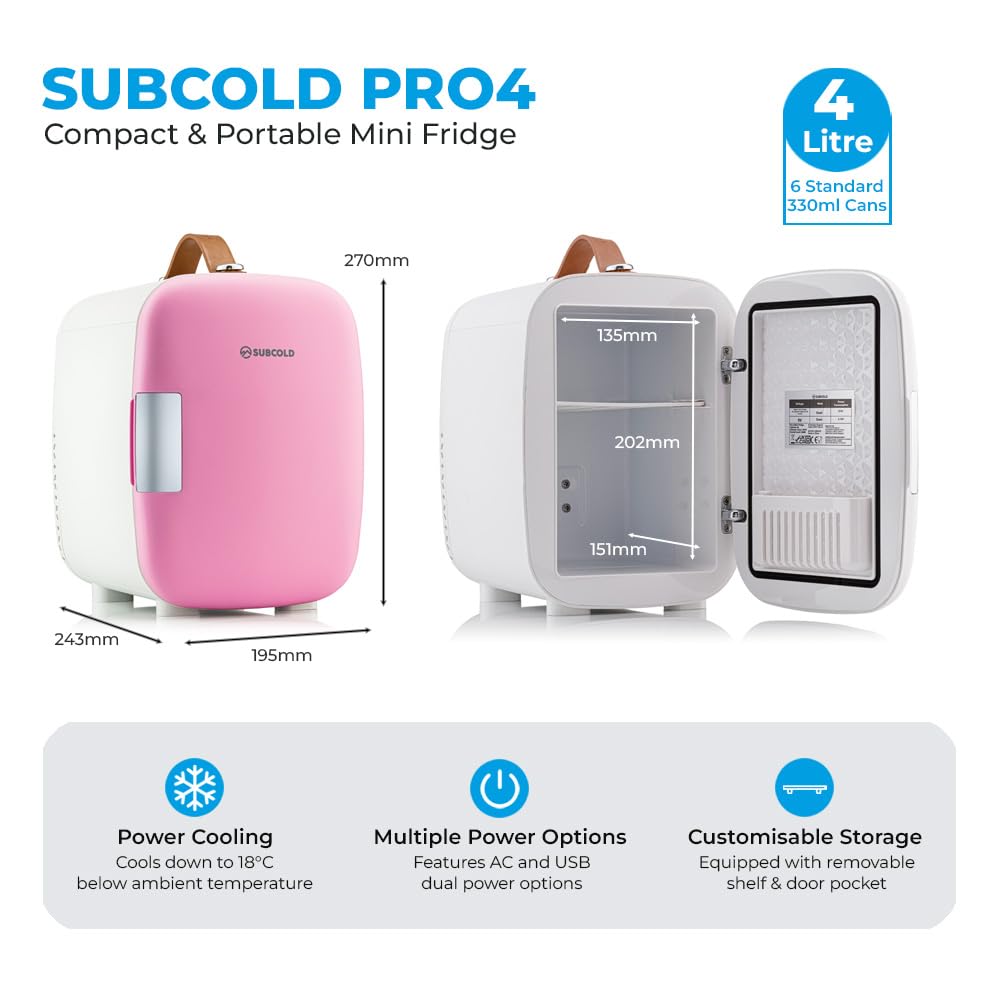 Subcold Pro4 Mini Fridge 4L, Quiet Small Fridge for Bedroom, AC & USB