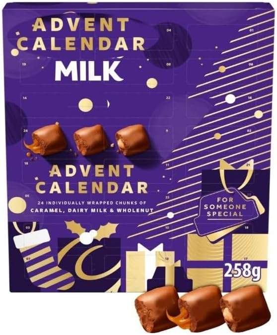 Cadburys Dairy Milk Chocolate Chunks Advent Calendar 258g – Individually Wrapped Chunks of Dairy Milk, Caramel & Whole Nut – Christmas Giift- 24 Days of Chocolate Cheer: Christmas Advent Calendar