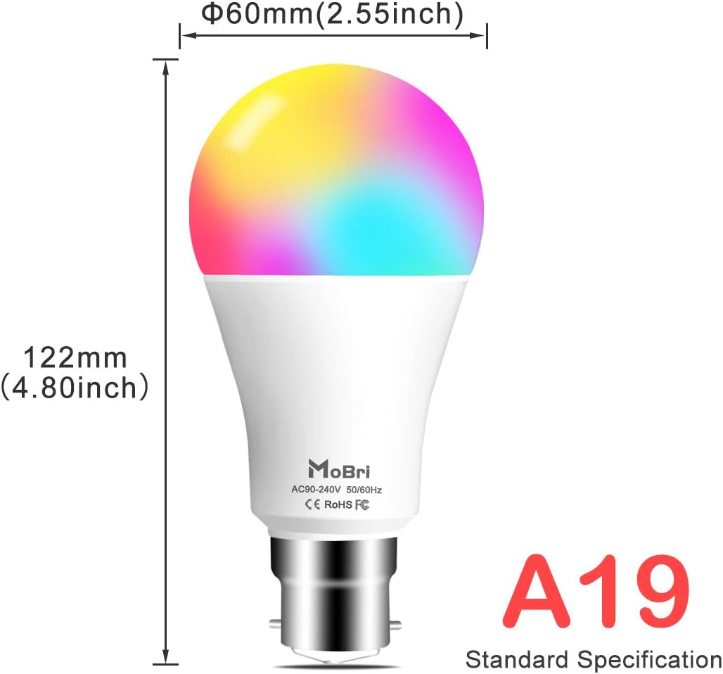 Mobri B22 LED Colour Changing Light Bulbs with Remote Control, 75 Watt Equivalent Bayonet Dimmable Colour Bulbs with Timing, Memory & Sync, 120 Multi RGB Colours + Daylight White,2 Pack