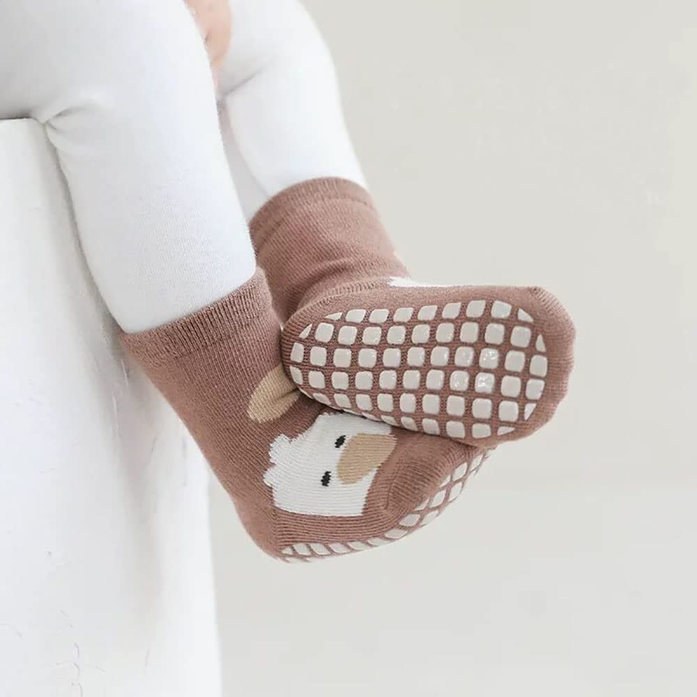 FedMois 5 Pairs Baby Kids Anti-slip Socks Cotton non skid Ankle Socks Animals