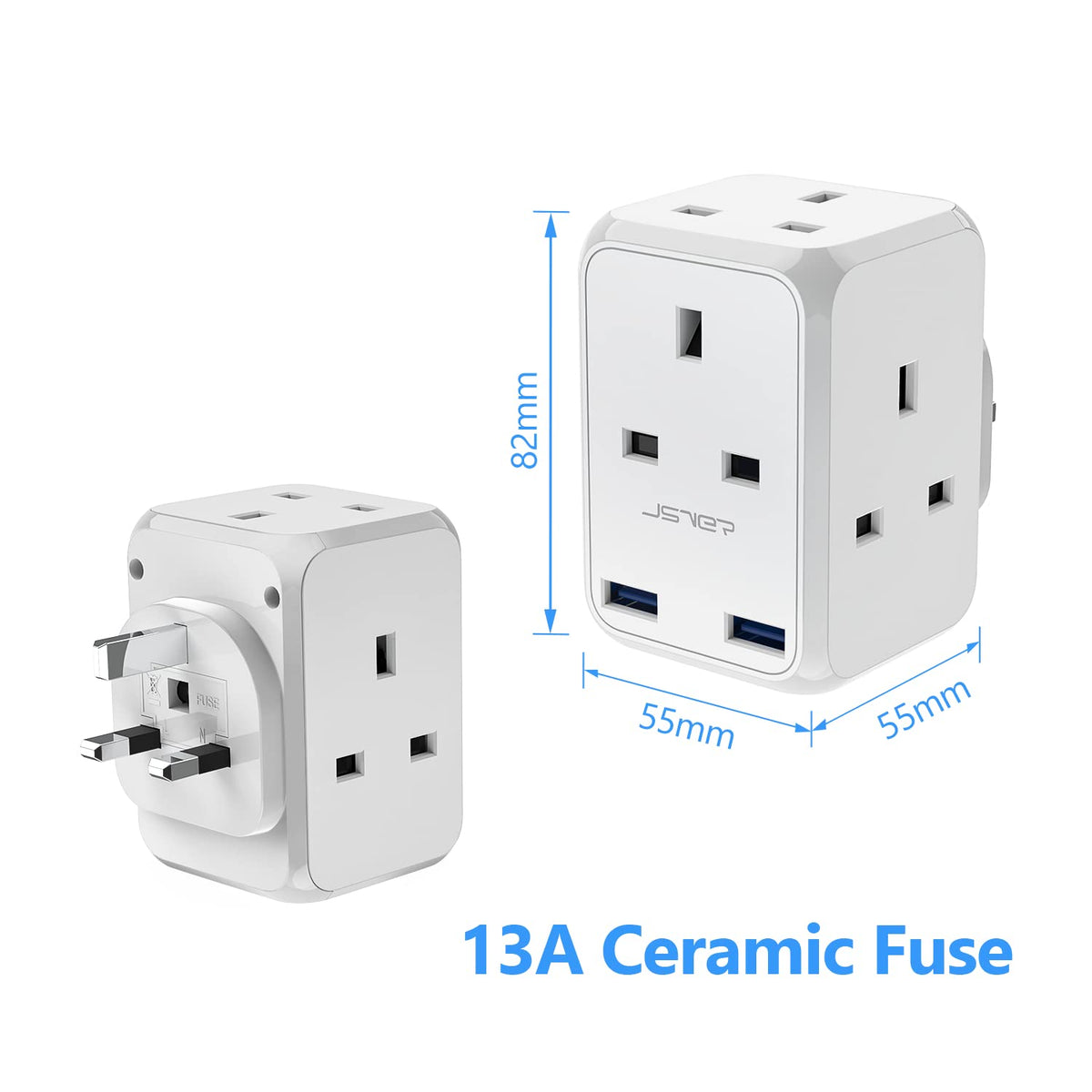 Double Plug Adaptor with 2 USB, JSVER Mini 2 Way Plugs Extension Sockets with USB Ports(5V/2.4A) Wall Charger Adapter, 13A UK 3 Pin Power Socket for Home, Office, Kitchen,White