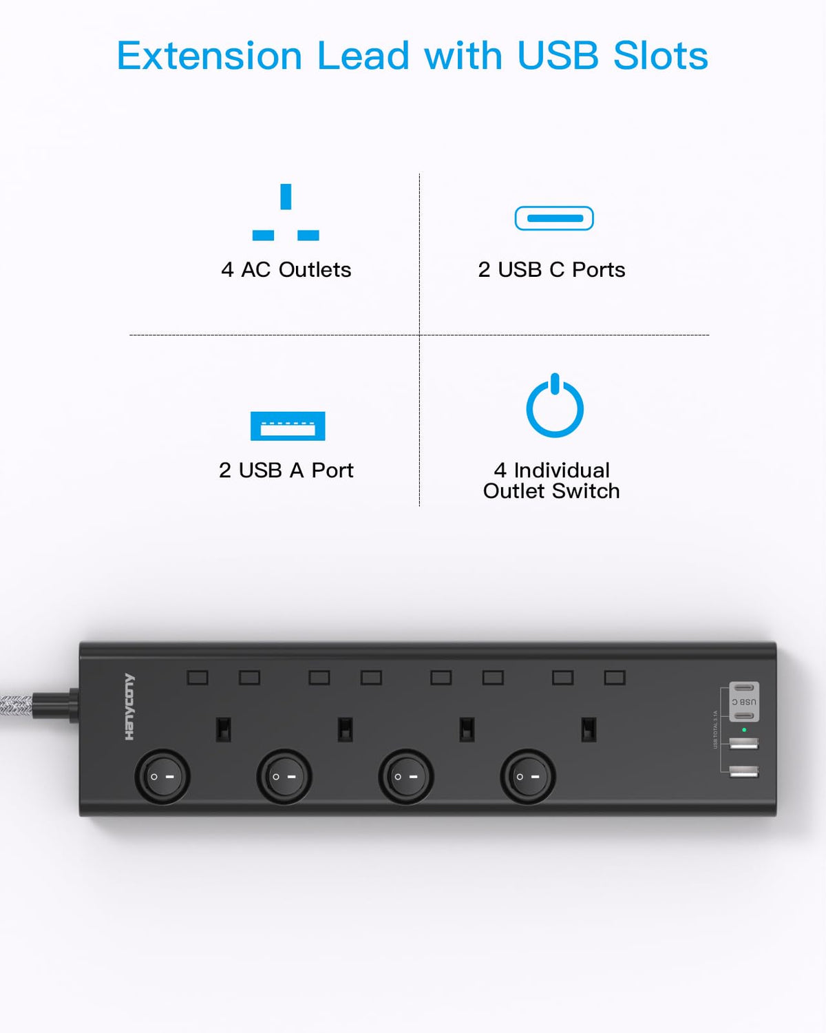 Extension Lead with USB Slots(2 USB C), 4 Way Plug Extension Socket, 1.8M
